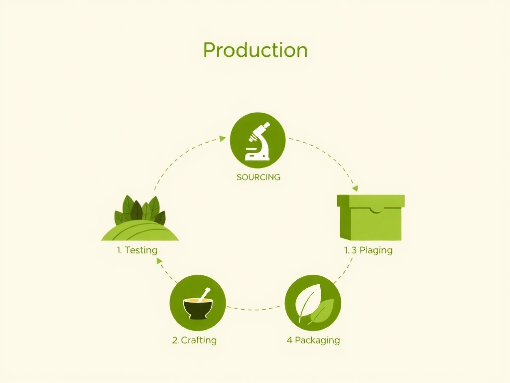A stylized infographic depicting a circular production process: Sourcing (farm icon), Testing (microscope icon), Crafting (mortar and pestle icon), Packaging (leaf-shaped box icon), all connected by arrows, against a soft, organic background. No text in the image itself.