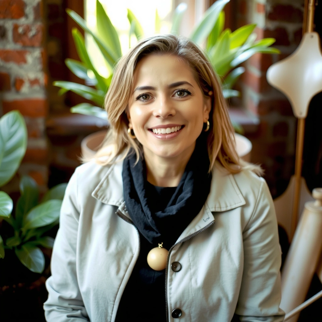 Portrait of Dr. Elara Vance, a warm and knowledgeable botanist, smiling gently. She has kind eyes and is surrounded by soft, natural light, with a hint of green foliage in the background.
