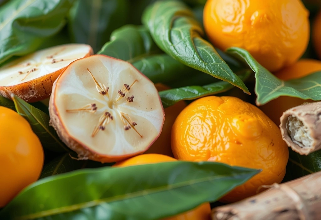 Close-up of vibrant herbal ingredients used in 'Energy Support Blend', such as ginseng roots and rhodiola leaves, in a natural setting.