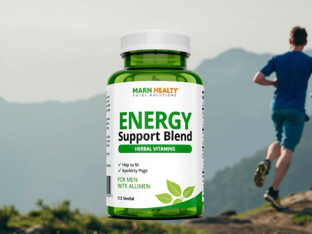 A bottle of 'Energy Support Blend' herbal vitamins for men, with a vibrant green label and natural leaf motifs. The bottle is set against a blurred background of energetic, healthy activities.
