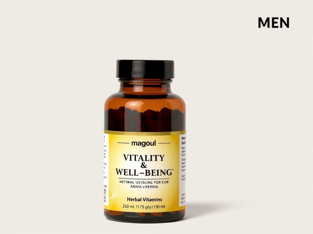 A sleek bottle of 'Vitality & Well-being' herbal vitamins for men, with a golden-yellow label and abstract energy patterns. The bottle is positioned dynamically.