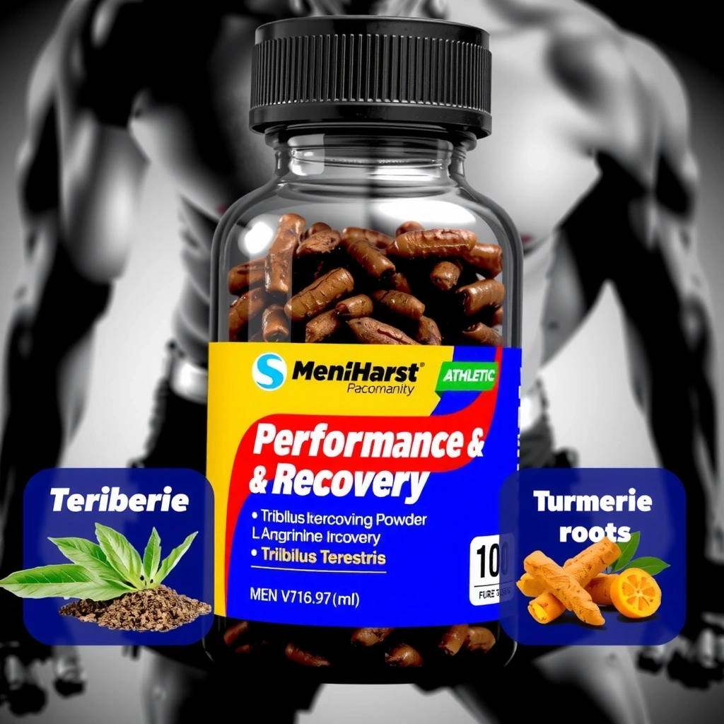A bottle of 'Performance & Recovery' men's herbal vitamins, with an athletic and strong aesthetic, surrounded by ingredients like tribulus terrestris, L-arginine, and turmeric, symbolizing physical endurance and rapid recovery. No text on the bottle or image.
