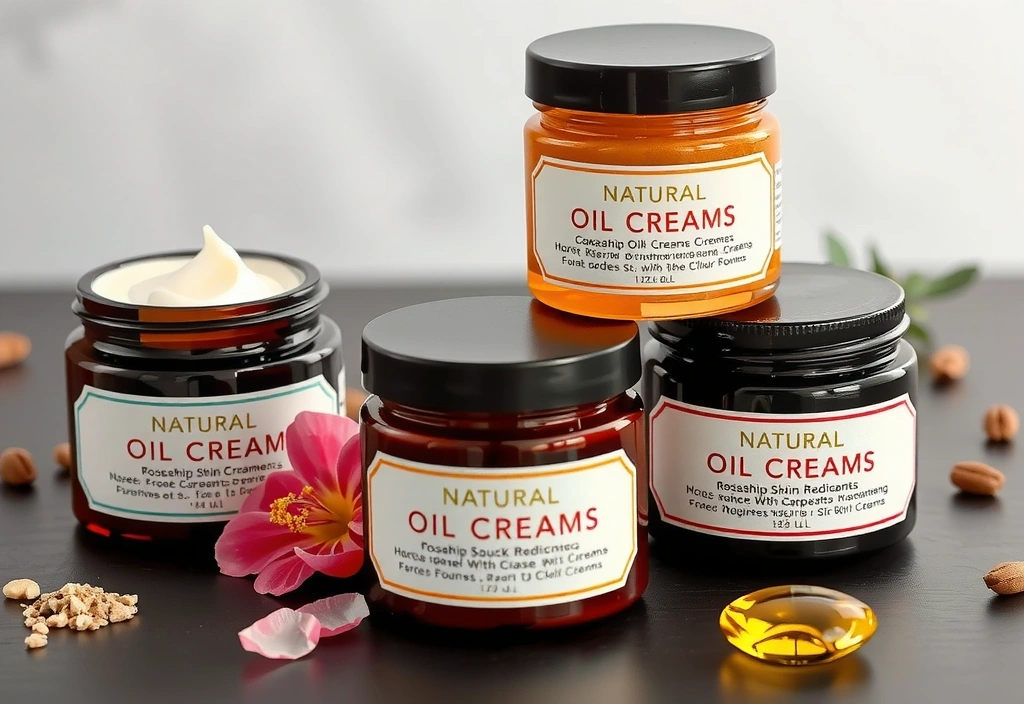 Ingredients like rosehip, vitamin E, and jojoba oil artfully arranged around a cream jar