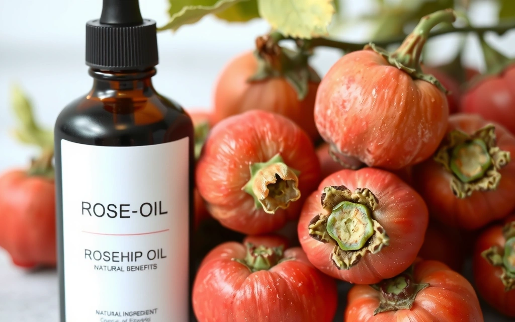 Rosehip oil and a fresh rosehip fruit, symbolizing natural ingredients