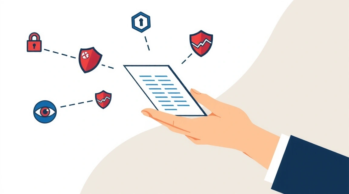 Stylized illustration of a hand holding a document with privacy icons