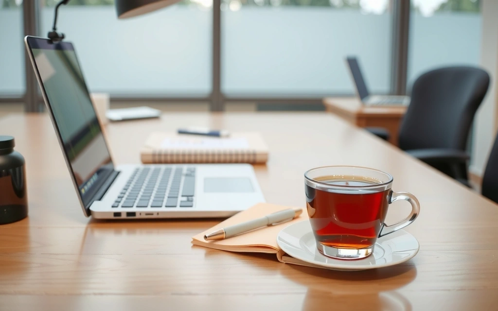 A sophisticated office desk with a laptop, notebook, pen, and a cup of herbal tea, symbolizing professional communication and clarity.
