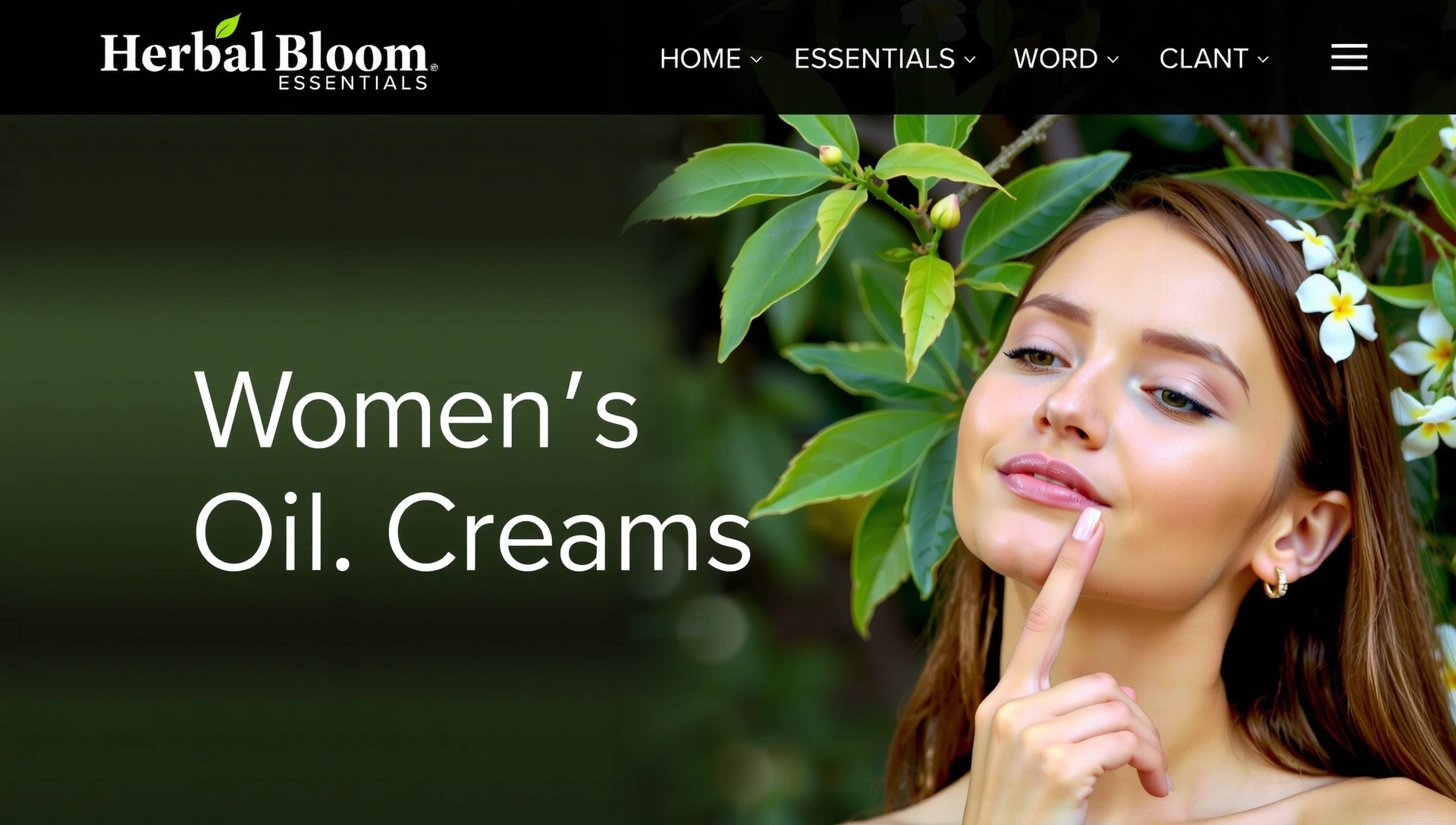 A woman with radiant skin, a subtle glow, and a serene expression, surrounded by soft, diffused light, with abstract natural oil cream textures in the foreground.