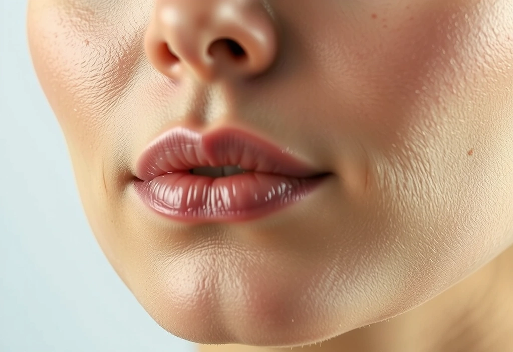 Close-up of a woman's perfectly hydrated and smooth skin, with tiny visible pores, suggesting the texture after using an oil cream.
